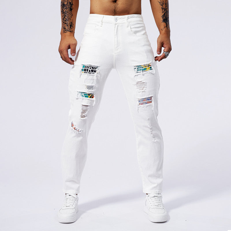Men's White Color Patched Washed Jeans