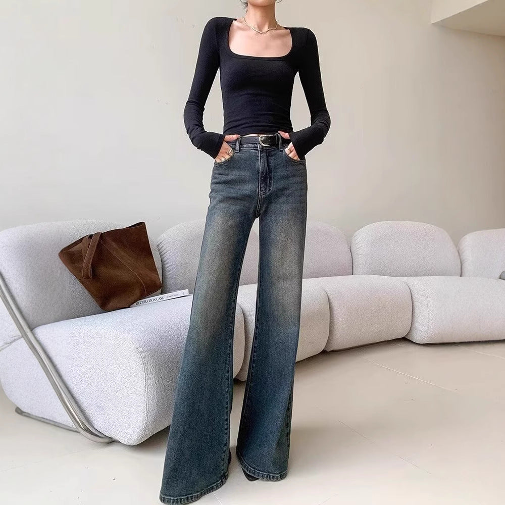 Women's Retro Washed Blue Micro-pull Mop Jeans