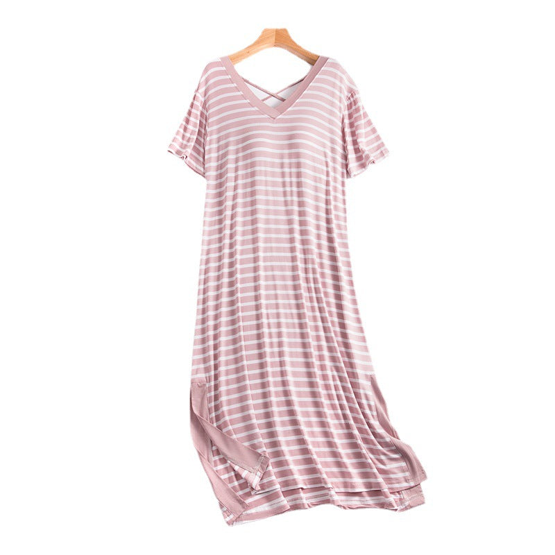 Women's Striped Short-Sleeved Nightdress With Chest Pad