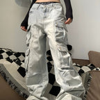 Women's Multi-pocket Light Blue Loose Jeans