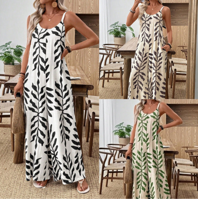 Women's V-Neck One-Piece With Tropical Leaf Print And Pockets