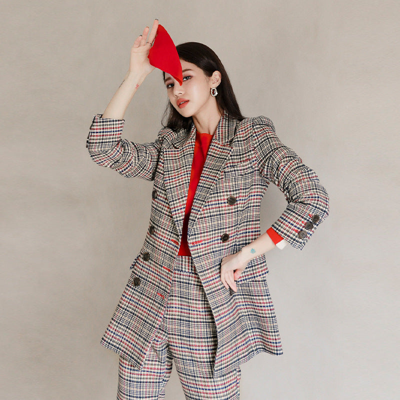 Women's Double-breasted Mixed Color Plaid Suit