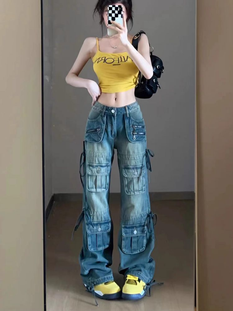 Women's Multi-pocket Washed Drawstring Jeans