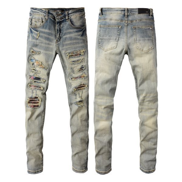 Men's Vintage Crumpled Ripped Cat Beard Patch Printed Jeans