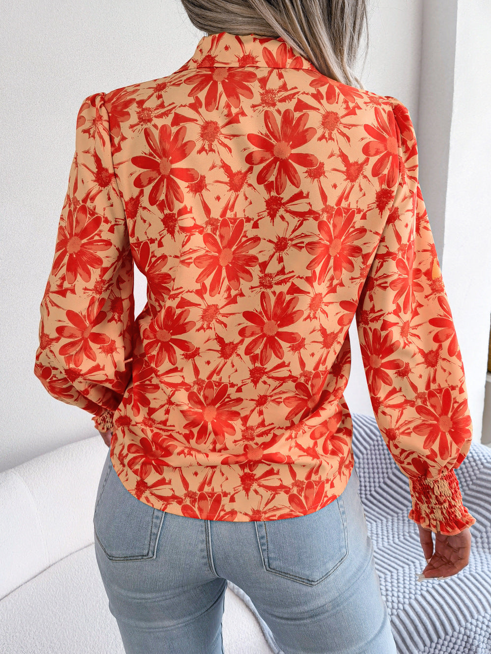 Women's Lantern Sleeve Flower Lapel Shirt