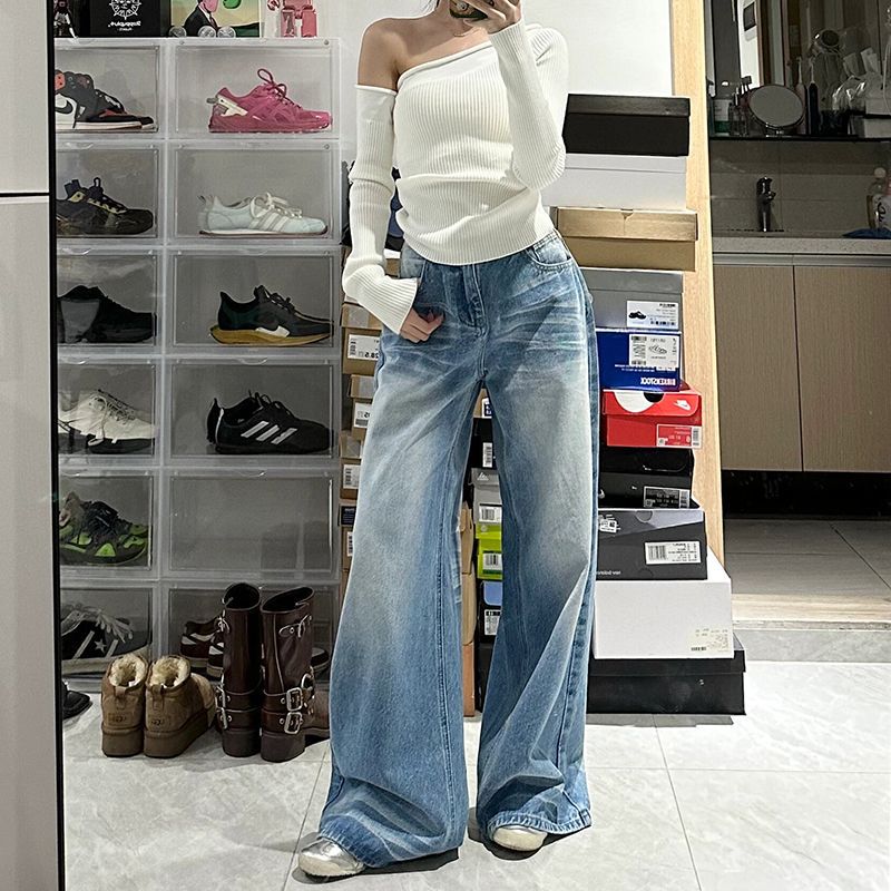 Women's Retro Washed High Waist Wide Leg Jeans