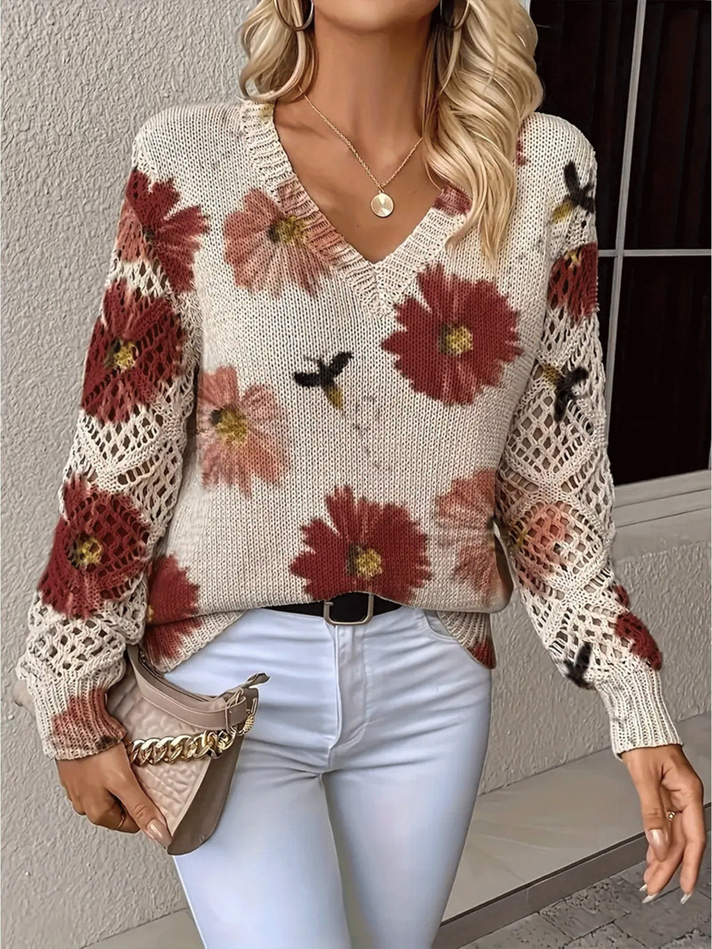 Women's Elegant Bohemian Floral V-neck Long Sleeve Top