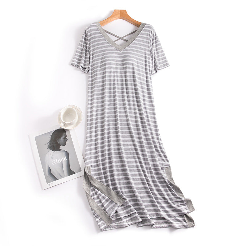 Women's Striped Short-Sleeved Nightdress With Chest Pad