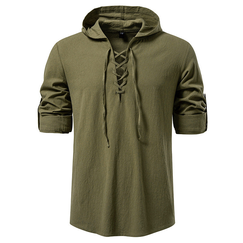 Men's Drawstring Cotton Long Sleeve Top