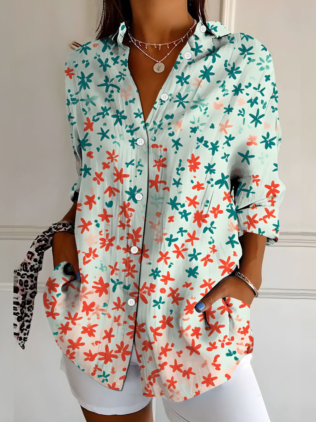 Women's Elegant Floral Print Long-Sleeve Shirt
