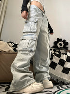 Women's Multi-pocket Light Blue Loose Jeans