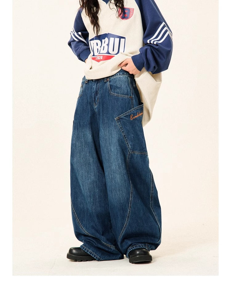 Women's Loose Wide-leg Baggy Jeans With Large Pockets Machete