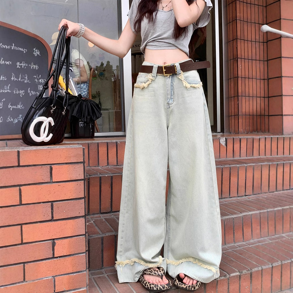Women's Retro Ripped Hem Loose Wide-Legged Jeans