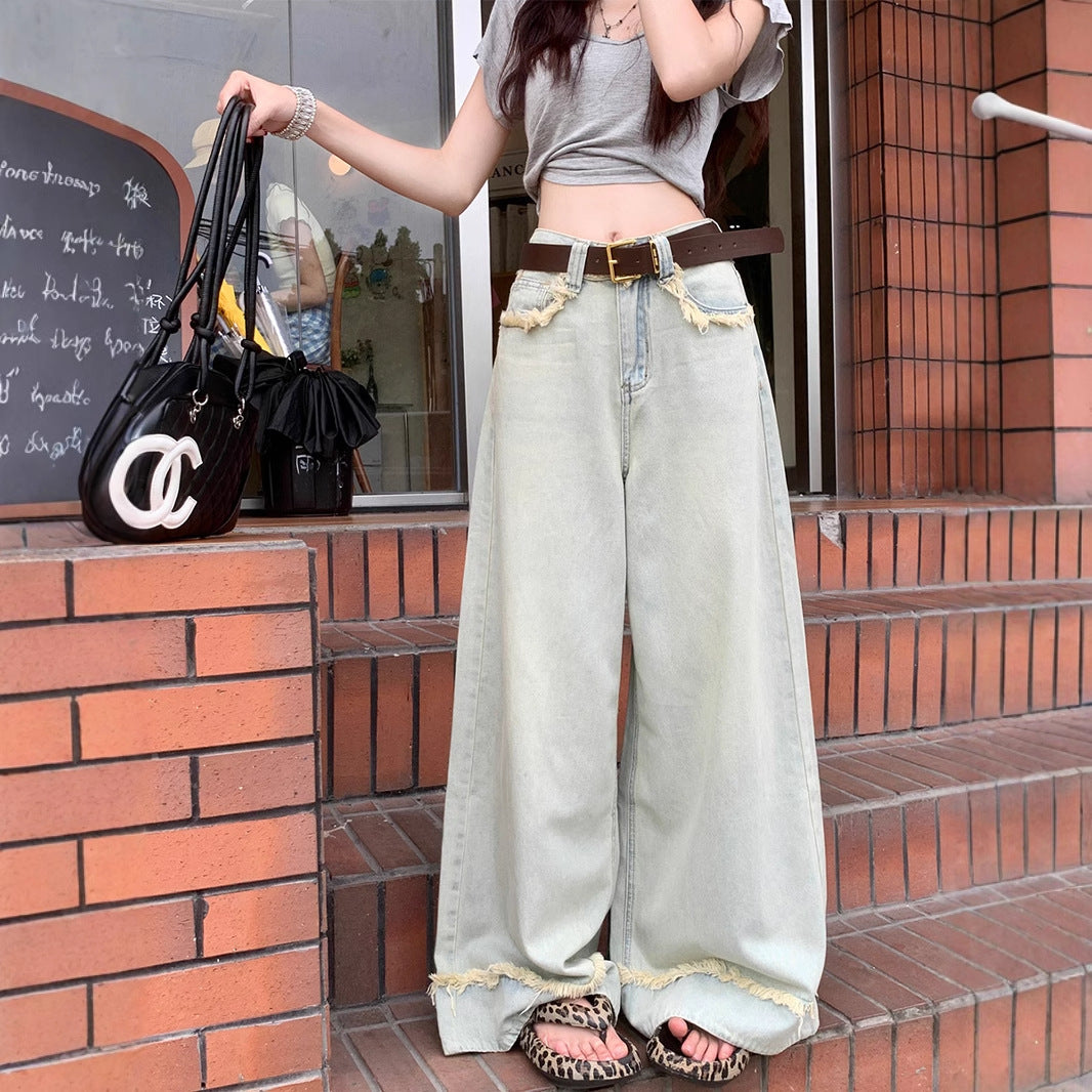 Women's Retro Ripped Hem Loose Wide-Legged Jeans