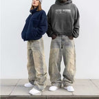 Retro Flame Pattern Embroidered Baggy Jeans