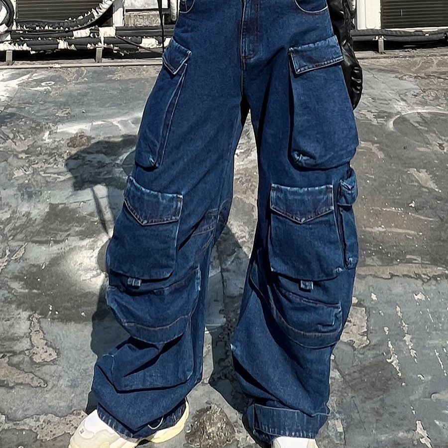 Women's Distressed Wide-leg Multi-pocket Jeans