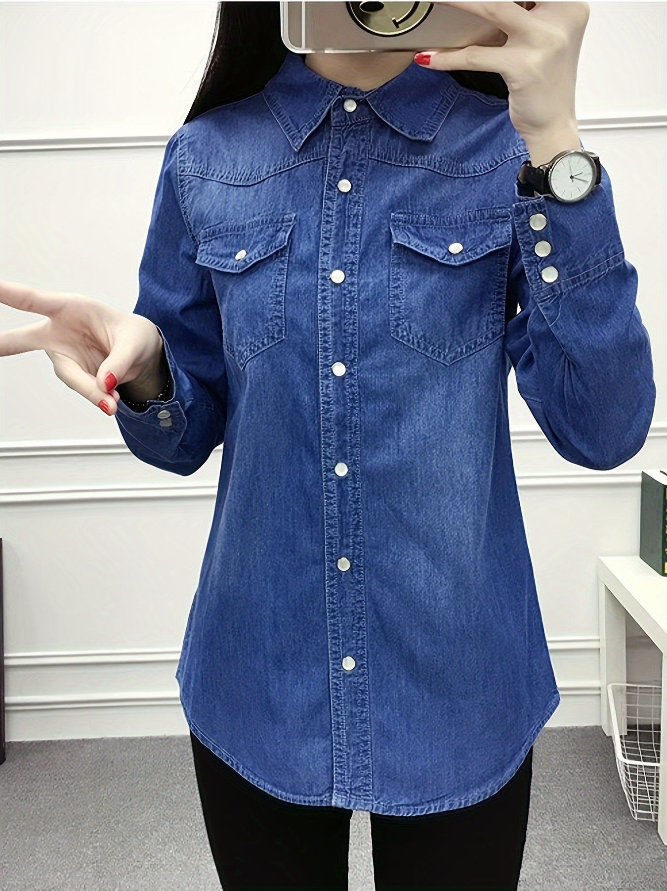 Women's Long-Sleeve Slim-Fit Denim Shirt