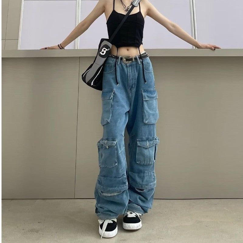 Women's High Waist Street Hipster Multi-pocket Wide Leg Jeans