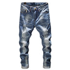 Men's Dark Blue Frayed Washed Jeans