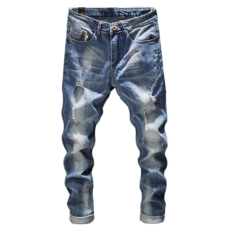 Men's Dark Blue Frayed Washed Jeans