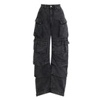 Women's High Waist Street Hipster Multi-pocket Wide Leg Jeans