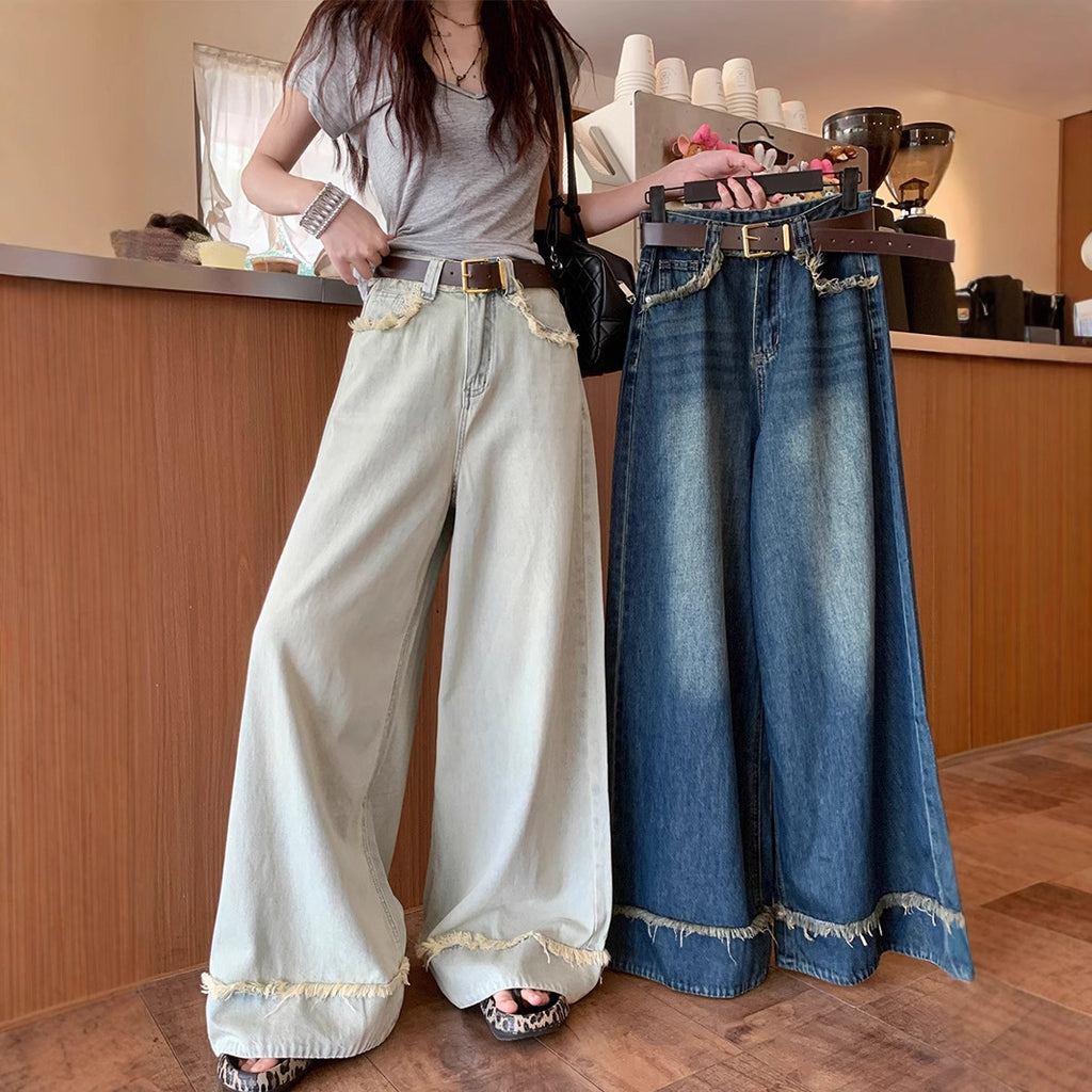 Women's Retro Ripped Hem Loose Wide-Legged Jeans
