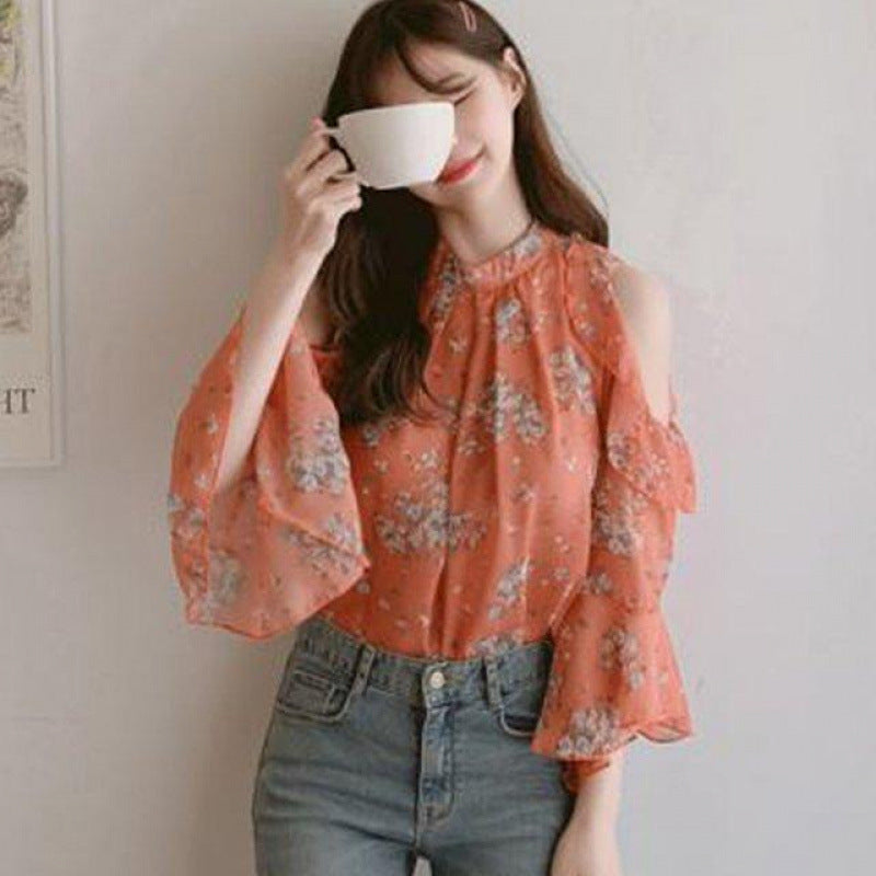 Women's Open-Shoulder Bell Sleeve Floral Chiffon Top