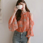 Women's Open-Shoulder Bell Sleeve Floral Chiffon Top
