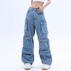 Women's American High Street Multi-pocket Washed Baggy Jeans