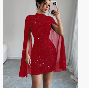 Women's Elegant Round Neck Cape Sleeve Wrapped Dress