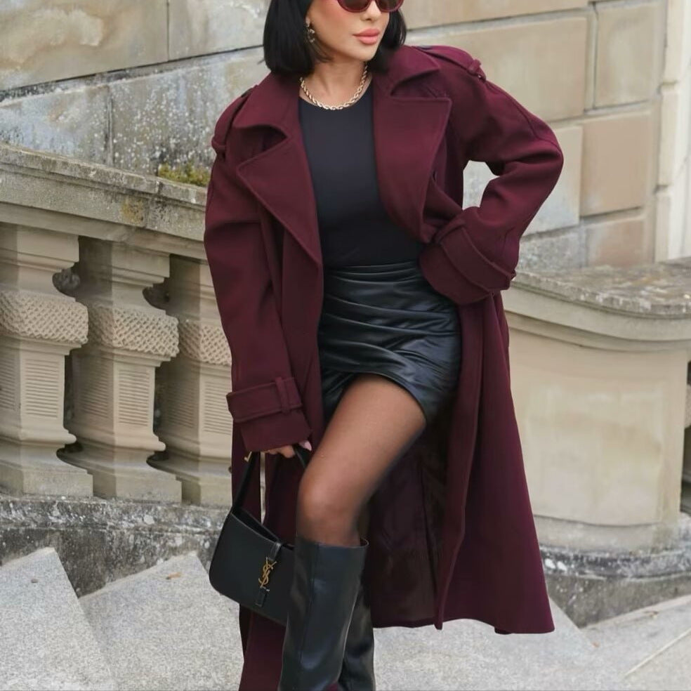 Women's Wine-Red Double-Breasted Trench Coat