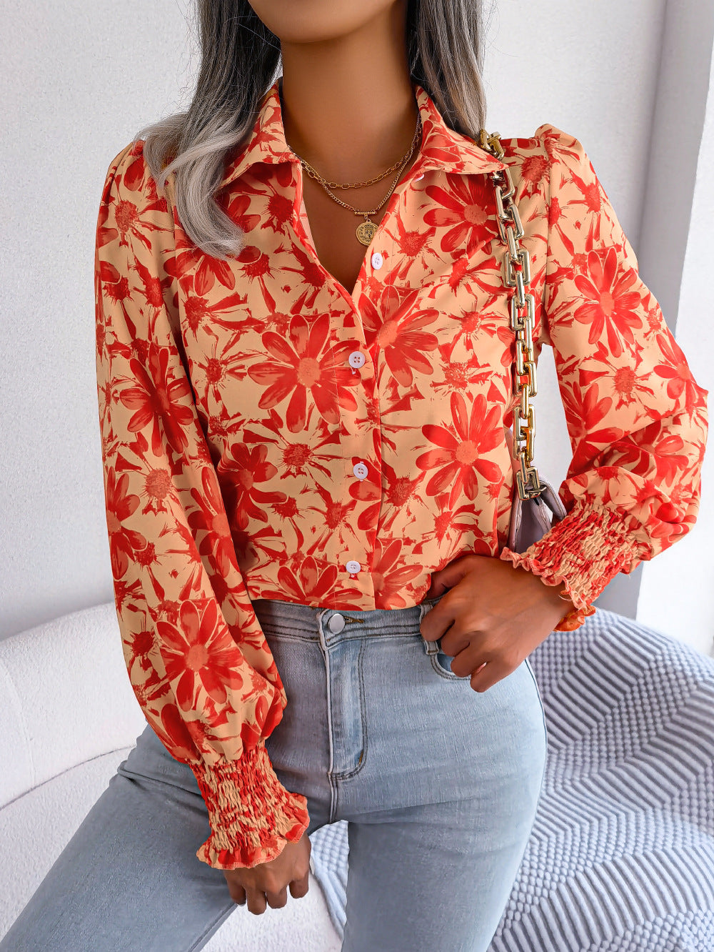 Women's Lantern Sleeve Flower Lapel Shirt