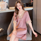 Women's Thin Lace Ice- Silk Embroidered Short Sleeve Nightdress