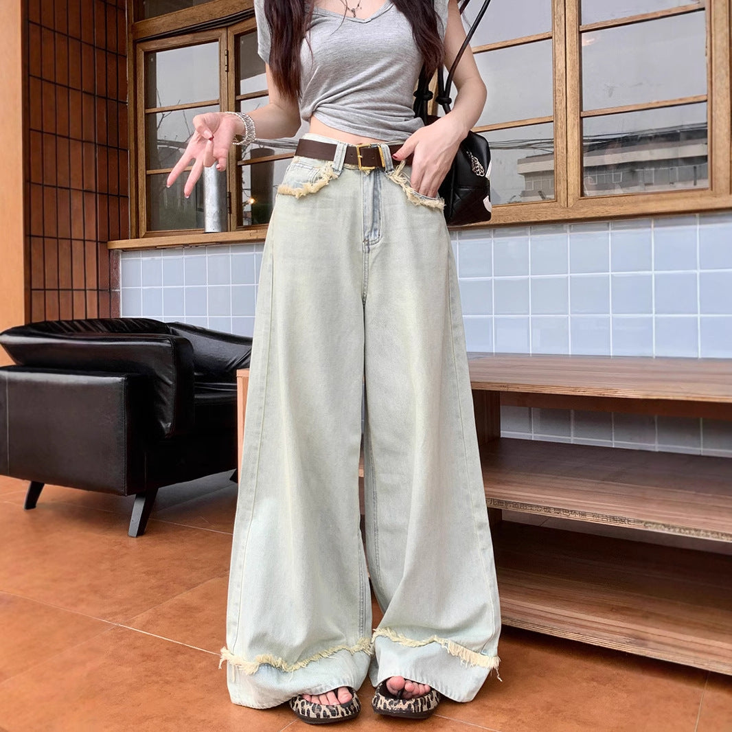 Women's Retro Ripped Hem Loose Wide-Legged Jeans
