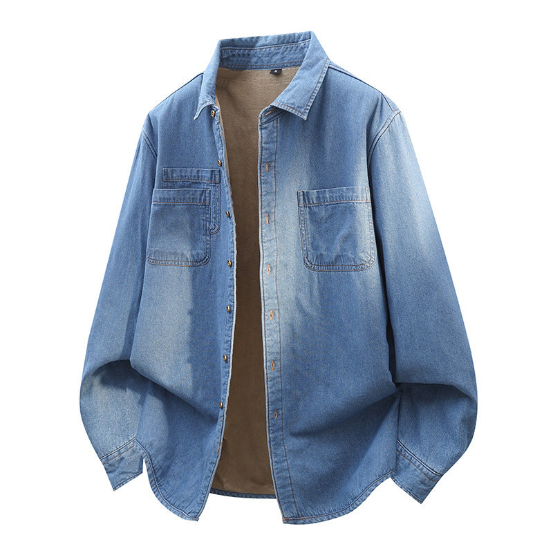 Men's Long-sleeved Fleece Lined Denim Shirt