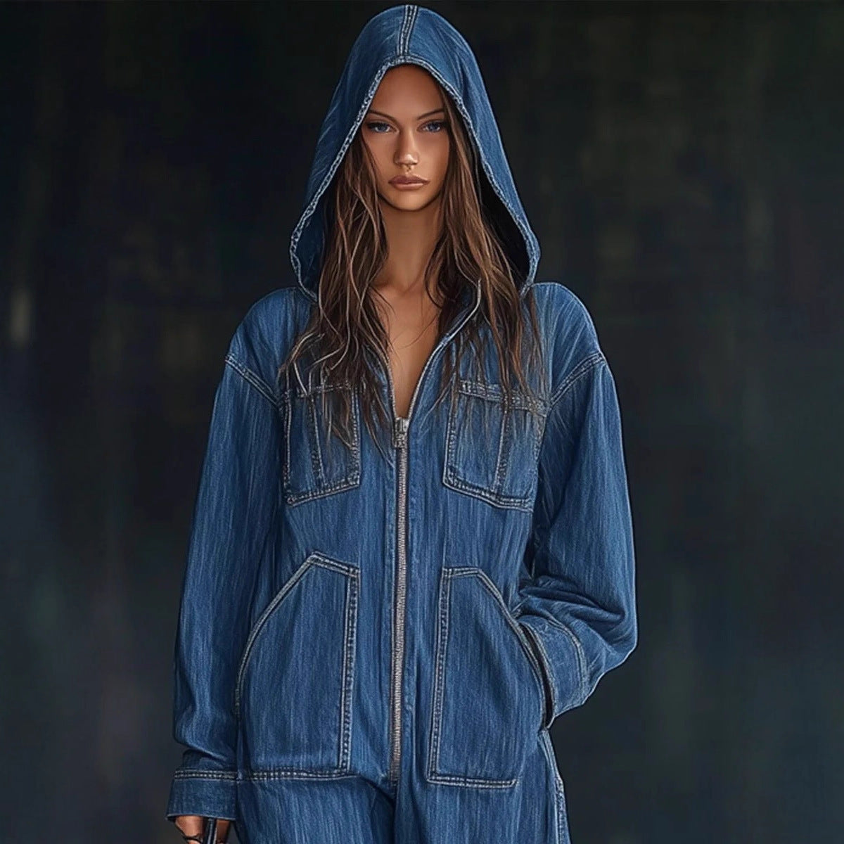 Women's Hooded Overall Jeans Jumpsuit