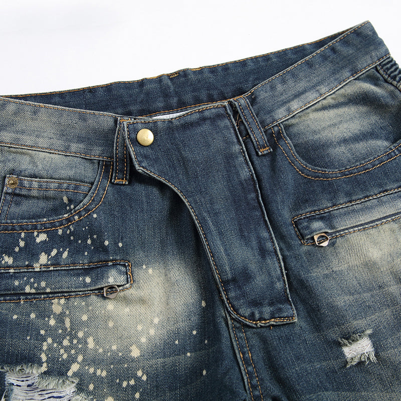 Men's Ripped Motorcycle Slim-Fit Straight-Leg Jeans