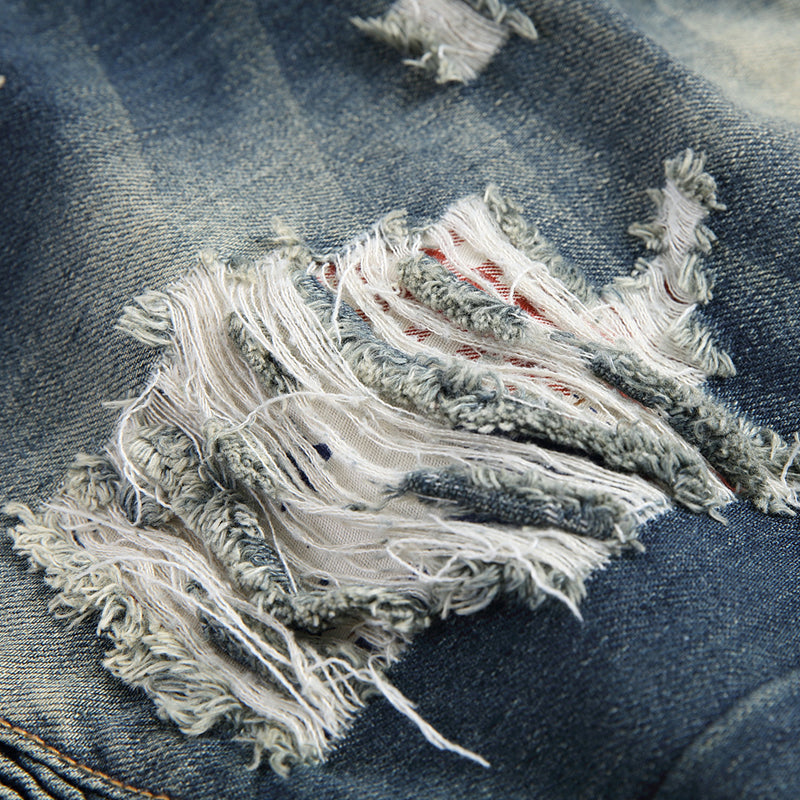 Men's Ripped Motorcycle Slim-Fit Straight-Leg Jeans