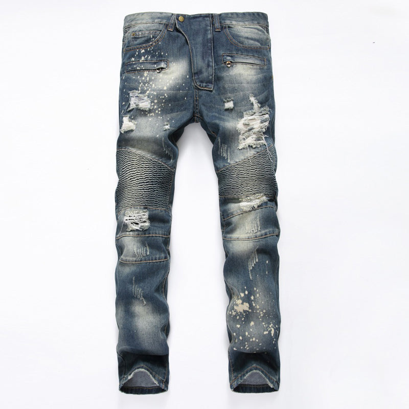 Men's Ripped Motorcycle Slim-Fit Straight-Leg Jeans