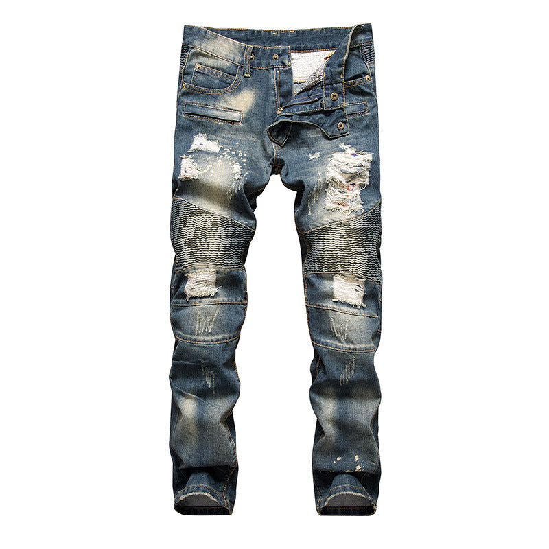Men's Ripped Motorcycle Slim-Fit Straight-Leg Jeans