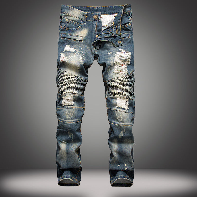 Men's Ripped Motorcycle Slim-Fit Straight-Leg Jeans