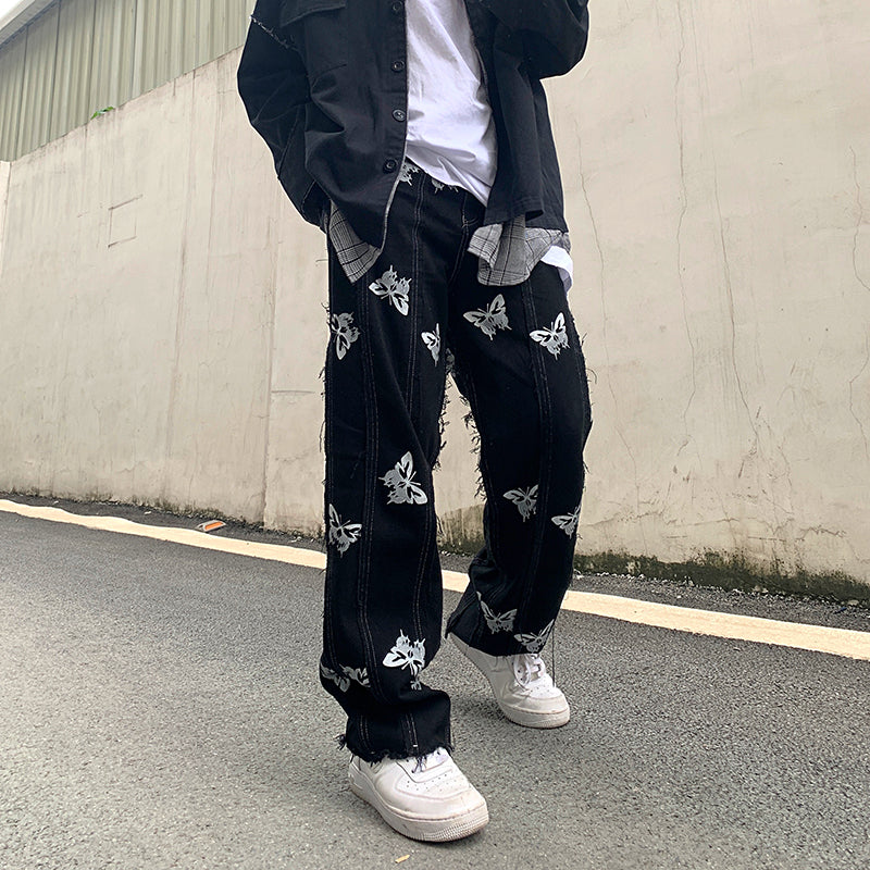 Men's Reflective Butterfly Harajuku Hip-Hop Street Straight Jeans