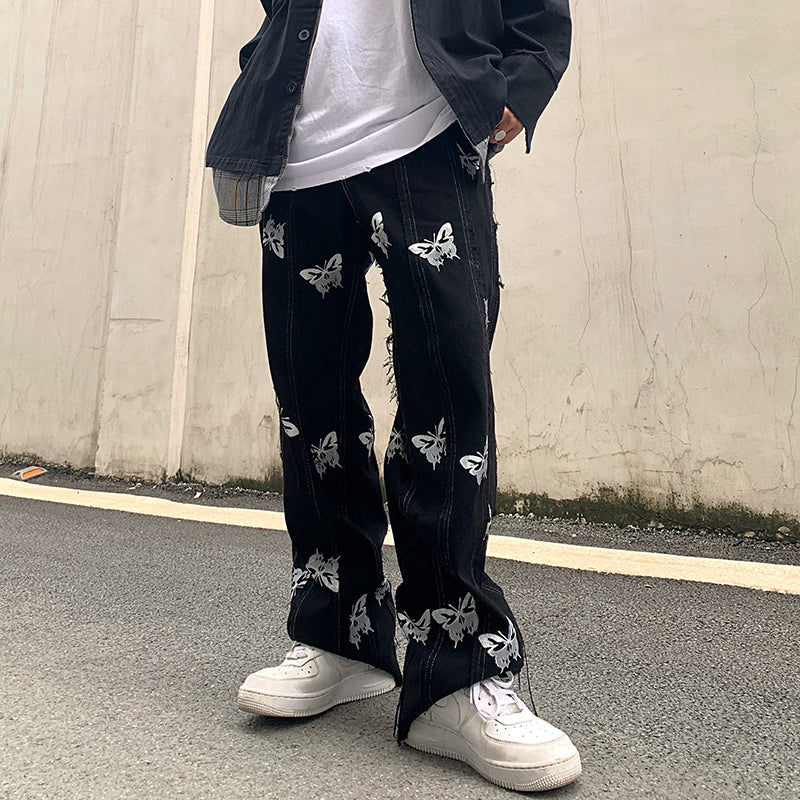 Men's Reflective Butterfly Harajuku Hip-Hop Street Straight Jeans