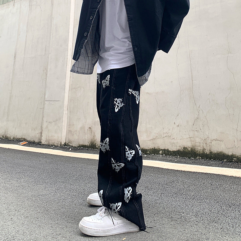 Men's Reflective Butterfly Harajuku Hip-Hop Street Straight Jeans