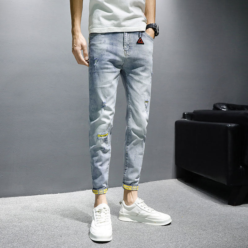 Men's Yellow Cuffed Torn Slim-fit Jeans
