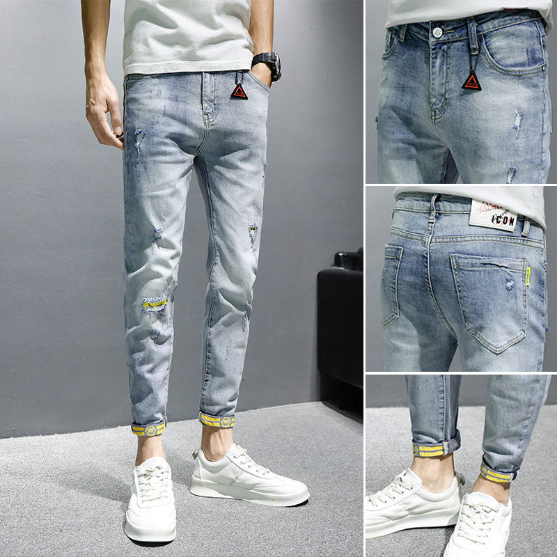 Men's Yellow Cuffed Torn Slim-fit Jeans