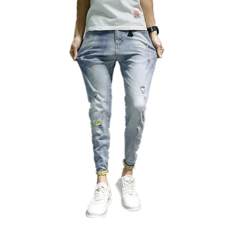 Men's Yellow Cuffed Torn Slim-fit Jeans