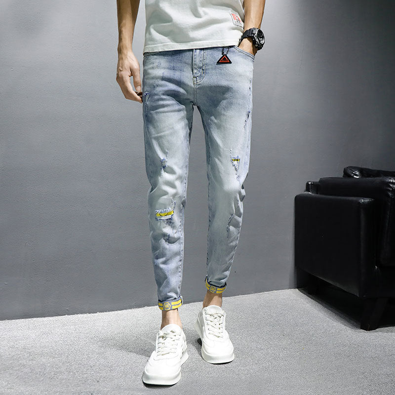 Men's Yellow Cuffed Torn Slim-fit Jeans