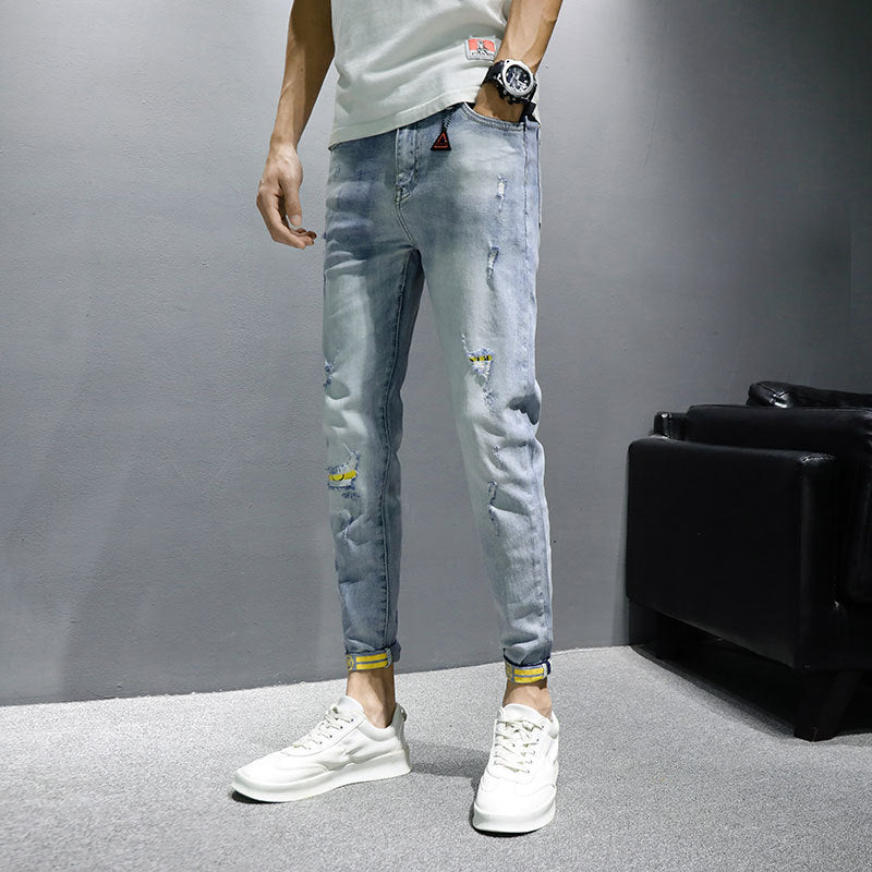 Men's Yellow Cuffed Torn Slim-fit Jeans