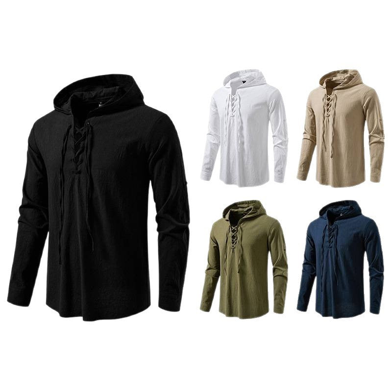 Men's Drawstring Cotton Long Sleeve Top